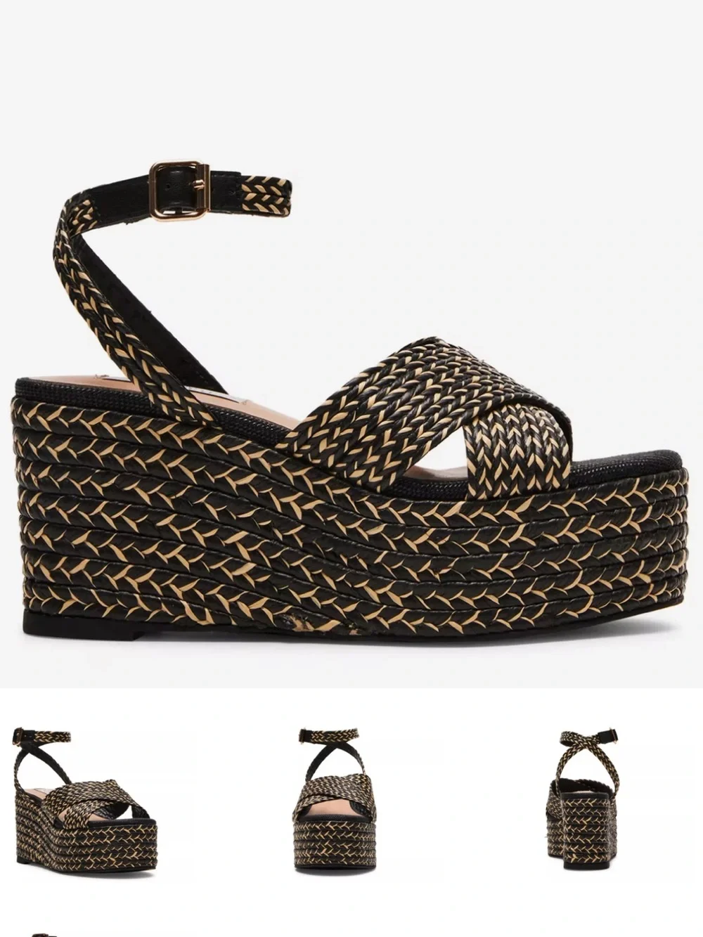 Steven women woven Black Natural tan Platform Sandals strappy resort 8.5 summer